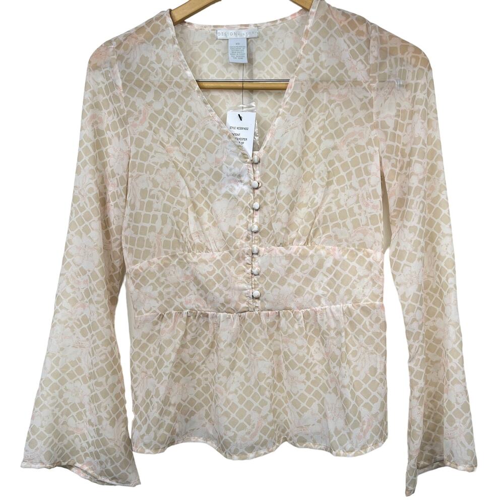 Design History Sheer Wheat Combo Color Diamond Print V Neck Blouse Size XS NWT